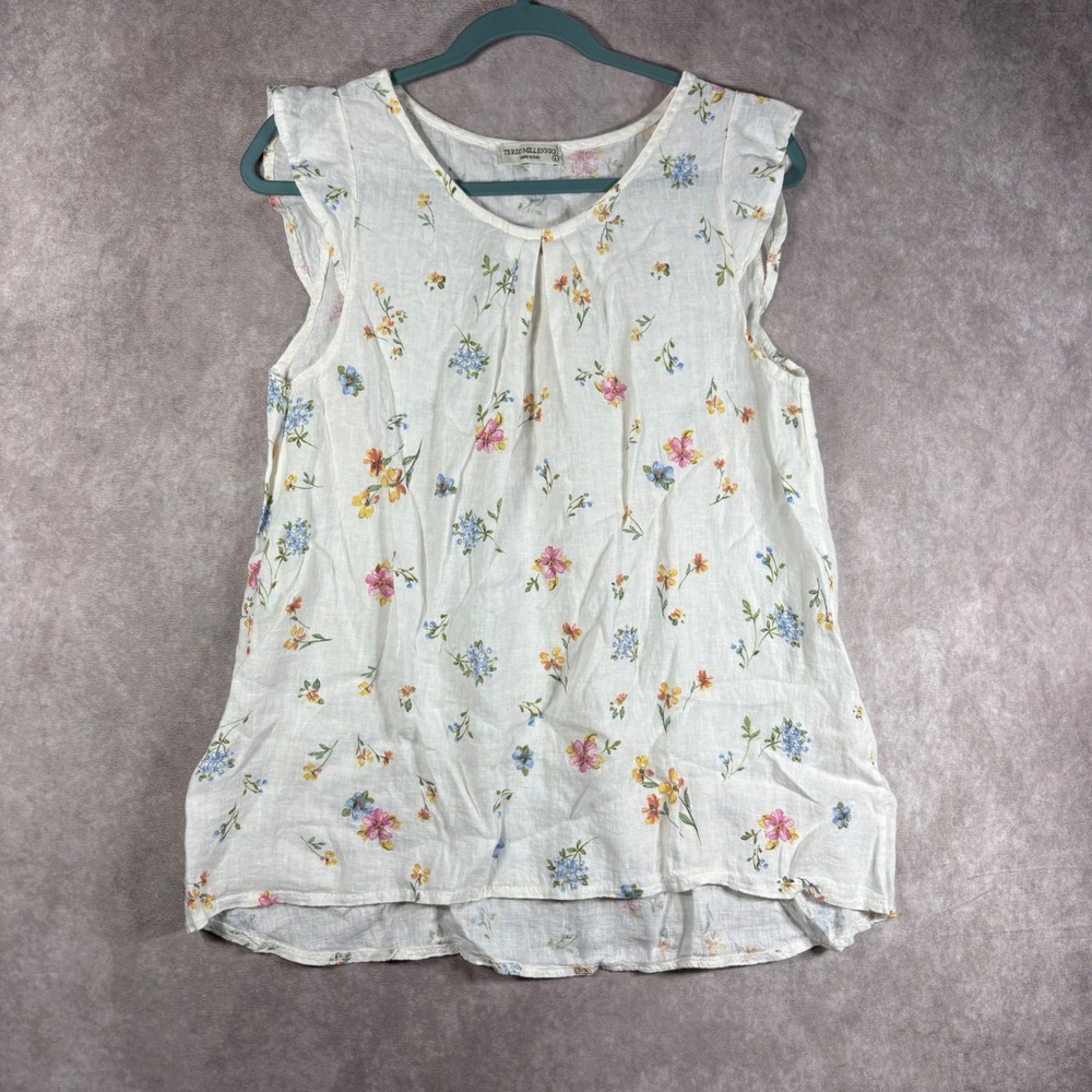 Terzo Millennio Top Womens L White Floral Linen Ruffle Sleeve Cottagecore Boho